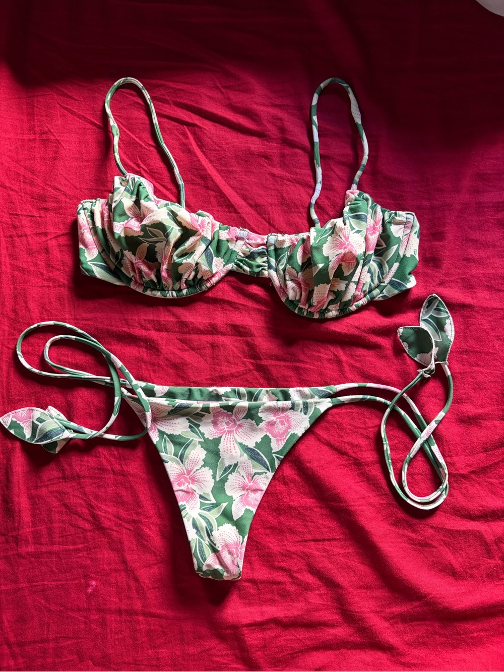 Floral Green and Pink Tie-Side Bikini Set